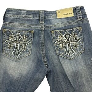 Grace in LA Womens Cowgirl Blue Jeans Stretch Cross Embellished sz 5/26(29)
